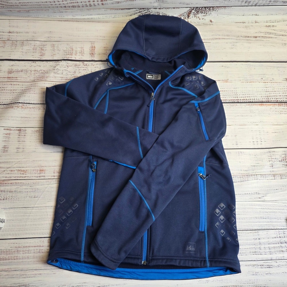 REI Mens Medium Full Zip Hooded Fleece Jacket Navy Blue 851929 Polyester Pockets
